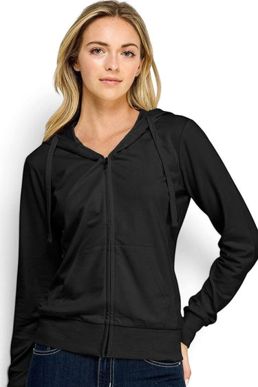 SaltTree model wearing a black Reflex lightweight stretch French terry zip-up hoodie with a drawstring hood.