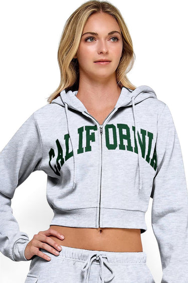 SaltTree Reflex ice grey cropped fleece zip-up hoodie with green California graphic print and drawstring hood