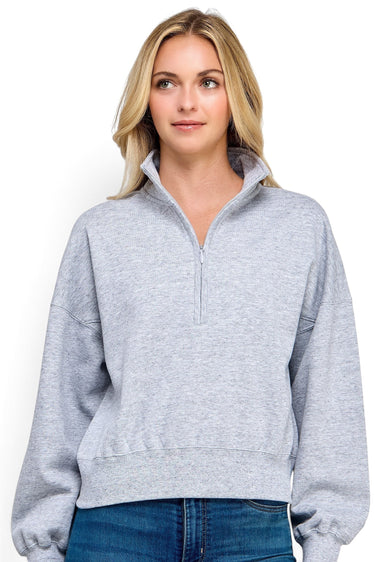 SaltTree model wearing a heather grey Reflex fleece half-zip sweatshirt with a mock neckline and relaxed fit