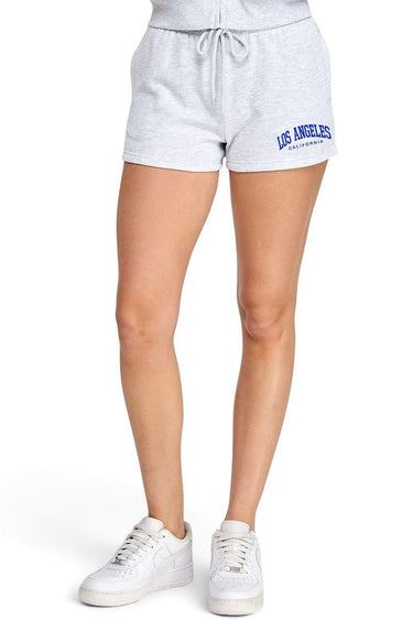 SaltTree Reflex ice grey fleece shorts with drawstring waist and blue Los Angeles California embroidery