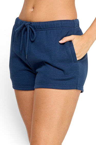 SaltTree Reflex indigo blue fleece shorts with side pockets, elastic drawstring waistband, and relaxed fit