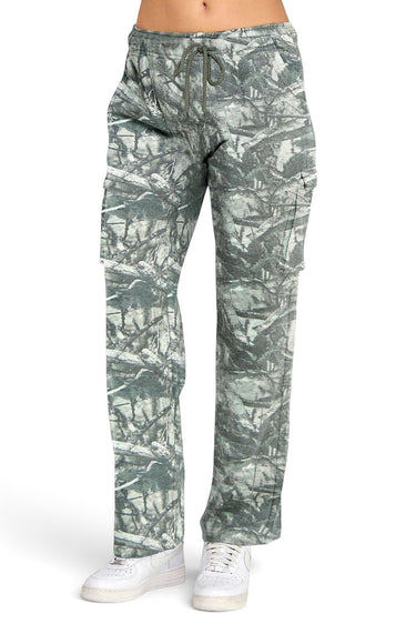 SaltTree Reflex olive camo fleece cargo sweatpants with a mid-rise, straight-leg fit and elastic drawstring waist.