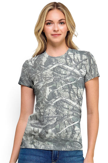 SaltTree Reflex olive camo short sleeve crew neck t-shirt in soft cotton-stretch jersey worn by a blonde model