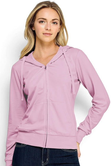 SaltTree Reflex pink stretch French terry zip-up hoodie with drawstring hood worn by a model