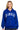 SaltTree Reflex royal blue oversized fleece zip-up hoodie with white Los Angeles varsity print on a smiling model