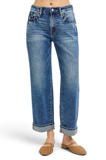 SaltTree Risen Jeans high rise barrel leg denim in light indigo with a thick turn-up cuffed hem and 26-inch inseam.