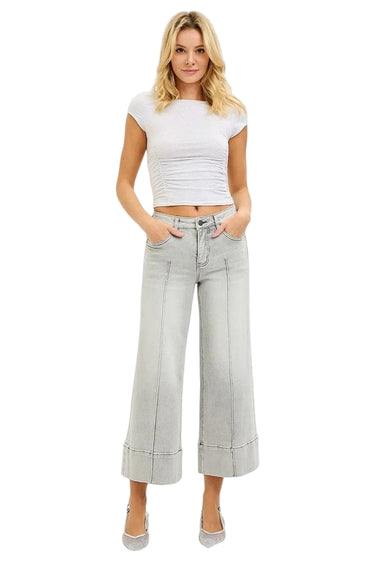 SaltTree Risen Jeans light grey wide leg cropped jeans with pintuck front detail and tummy control waistband.