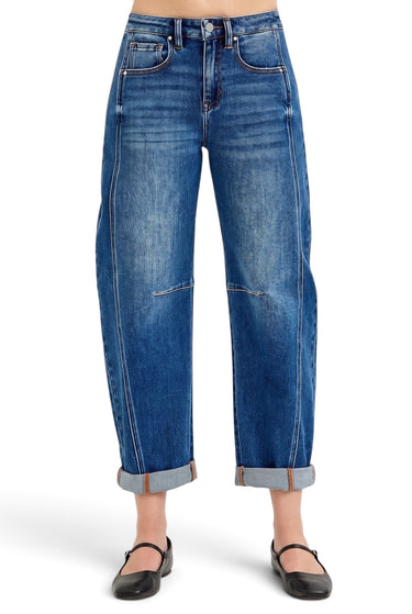 SaltTree Risen Jeans high-rise medium indigo barrel jeans with curved side seams, knee darting, and cuffed hems.