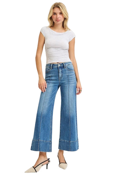 SaltTree model wearing Risen Jeans wide leg cropped denim with pintuck front detail and tummy control waistband.