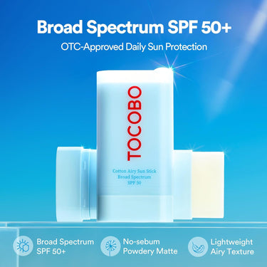 SaltTree TOCOBO Cotton Airy Sun Stick SPF 50 in light blue packaging with a matte finish for sun protection.
