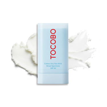 SaltTree TOCOBO Cotton Airy Sun Stick SPF 50 in a light blue tube with white cream swatches on a white background.