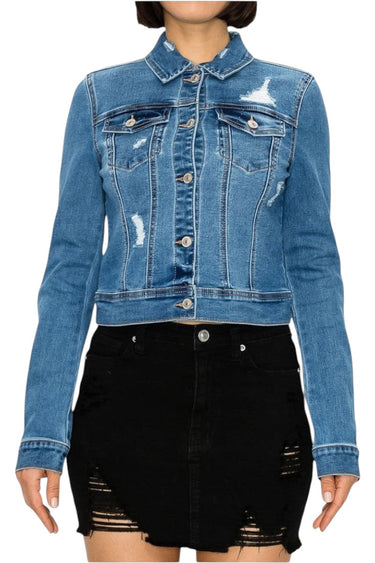 SaltTree Wax Jean medium blue destructed denim jacket with a cropped trucker silhouette and button-front closure.
