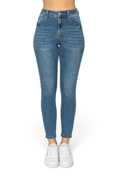SaltTree Wax Jean high-rise skinny denim pants in medium blue with a 27-inch inseam and classic five-pocket design.