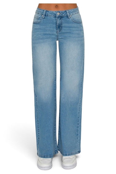 SaltTree Wax Jean medium blue low-rise wide leg jeans with a fitted hip and comfort-stretch denim fabric.