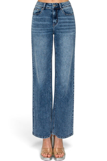 SaltTree Wax Jean mid-rise wide leg jeans in medium blue snow wash denim with a classic five-pocket design.