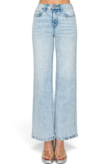 SaltTree Wax Jean mid-rise wide-leg jeans in a light blue snow wash denim with a classic five-pocket design.