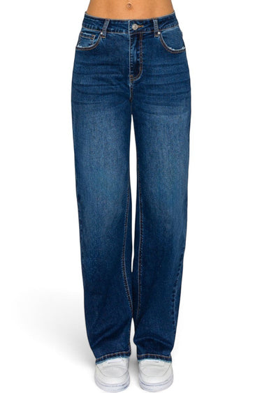 SaltTree Wax Jean mid-rise straight-leg denim jeans in medium blue with subtle abrasion and classic 5-pocket styling.