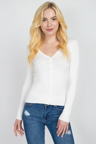 SaltTree model wearing a white Active Basic V-neck button-front cardigan in a soft viscose-nylon stretch blend.