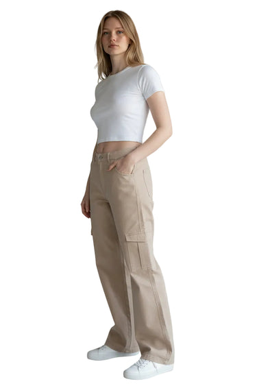 Wax Jean - High Rise Wide Leg Twill Cargo Pants in Khaki (30.5" Inseam) - 90339-SaltTree