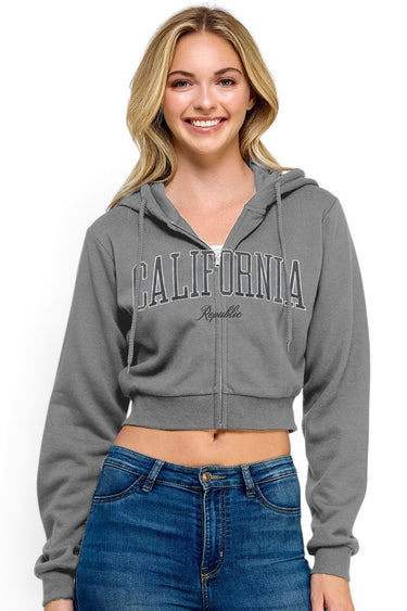Reflex - Fleece Crop Zip-Up Hoodie with California Embroidery - JK898 - Heather Grey