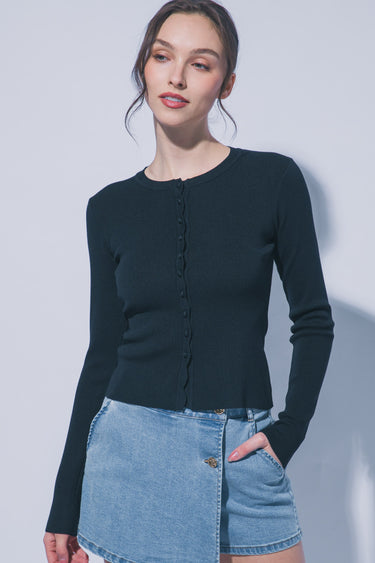Love Tree - Scalloped Button-Up Ribbed Cardigan - 90393CN-SaltTree