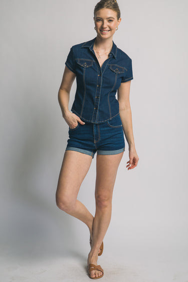 Love Tree - Short Sleeve Button Up Denim Top - 10436TN-SaltTree