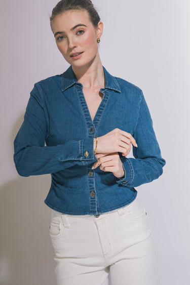 Love Tree - Cinched V-Neck Denim Shirt - 10474TN-SaltTree