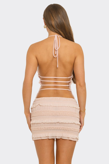 Blanc Clothing - Textured Ruffle Halter Mini Dress - D10800-SaltTree