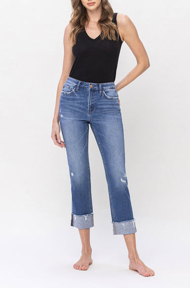 Flying Monkey - Flying Monkey High Rise Cropped Straight Leg Jeans with Frayed Cuffed Hem (26.5" Inseam) - F5145-SaltTree