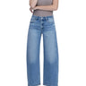 SaltTree medium wash high rise barrel leg jeans with a 1" cuff in a cotton-lyocell blend.