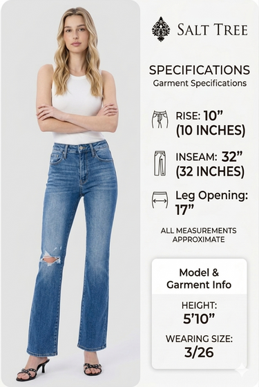 Flying Monkey - High Rise Distressed Bootcut Jeans with Knee Rip Detail (32" Full Length) - F4847N-SaltTree
