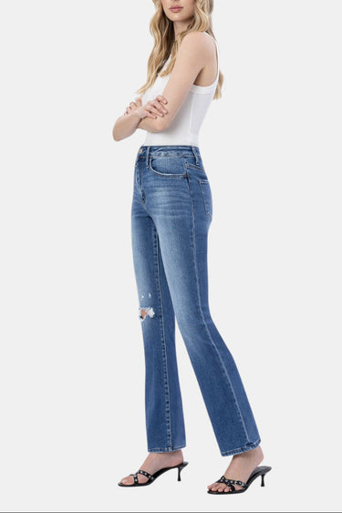 Flying Monkey - High Rise Distressed Bootcut Jeans with Knee Rip Detail (32" Full Length) - F4847N-SaltTree