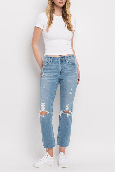 Flying Monkey - High Rise Distressed Slim Straight Cropped Jeans with Raw Hem (26 1/4" Inseam) - Y3118-SaltTree