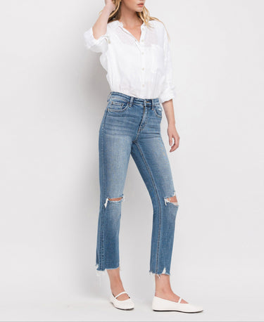 Flying Monkey - High Rise Slim Straight Jeans with Distressed Hem (27" Ankle Length) - F5022-SaltTree