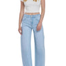 SaltTree light wash denim jeans with a super high rise, long barrel leg, and finished hem. Model wears size 3/26.