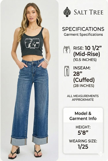Risen Jeans - High Rise Tummy Control Wide Cuffed Jeans (28" Inseam) - RDP5974-SaltTree