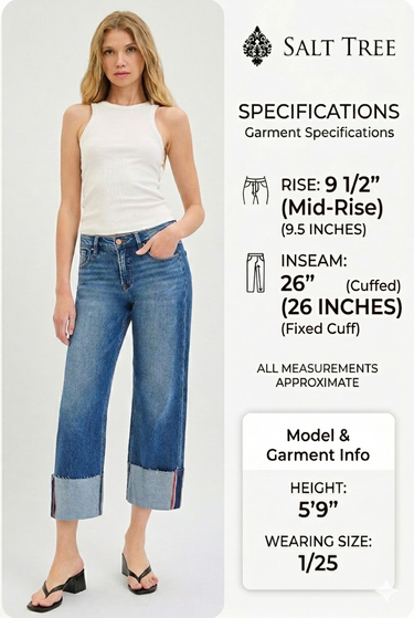 Risen Jeans - Tummy Control Mid Rise Crop Wide Cuffed Jeans (26" Inseam) - PW21124