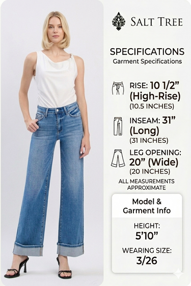 Flying Monkey - High Rise Wide Leg Jeans with 3" Single Cuffed Hem (31" Full Length) - F5998-SaltTree