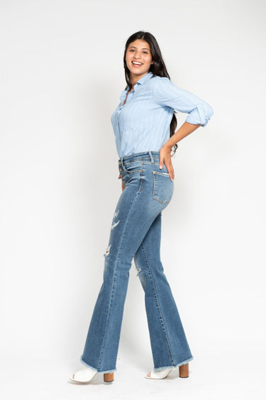 Judy Blue - Mid-Rise Button Fly Ripped Flare Jeans (33.5" Extra Long Inseam) - 82638-SaltTree