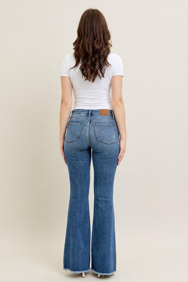 Judy Blue - Mid-Rise Vintage Wash Flare Jeans With Frayed Hem (33.5" Extra Long Inseam) - 82670-SaltTree