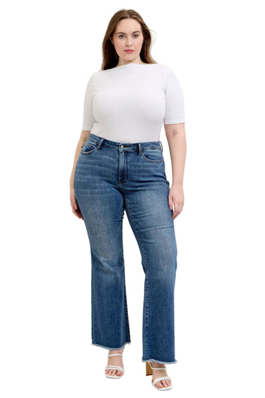 Judy Blue - Mid-Rise Vintage Wash Flare Jeans With Frayed Hem (33.5" Extra Long Inseam) - 82670-SaltTree