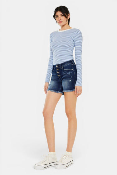 Kancan - Mid Rise Frayed Hem Denim Shorts (5" Inseam) - KC7334N