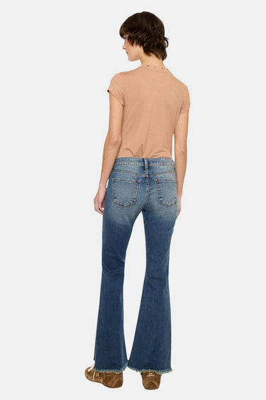 SaltTree dark wash low rise ankle flare jeans with uneven frayed hem and 29.5" inseam.