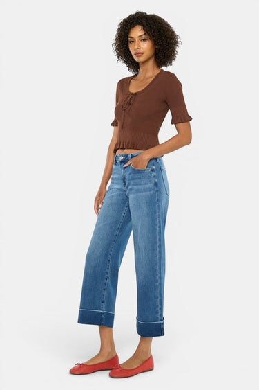 SaltTree Kancan mid-rise dark wash cropped wide leg jeans with a 2.5" cuff. Cotton blend with comfort stretch.