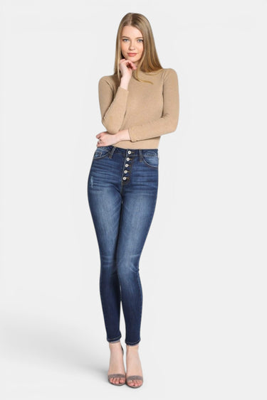 Kancan - Women's High Rise Button Fly Distressed Super Skinny Jeans - kc7113 ST-SaltTree