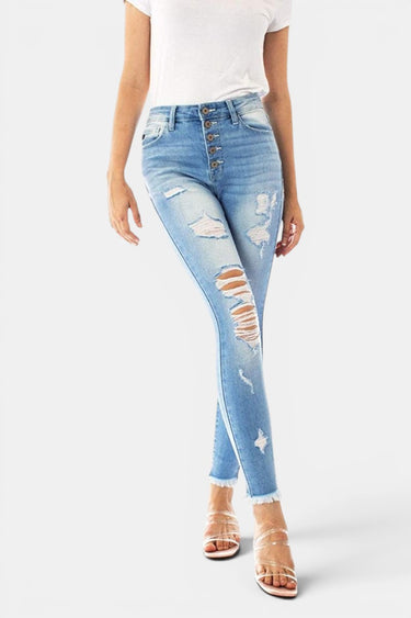 Kancan - Women's High Rise Button Fly Distressed Super Skinny Jeans - kc7310 ST-SaltTree
