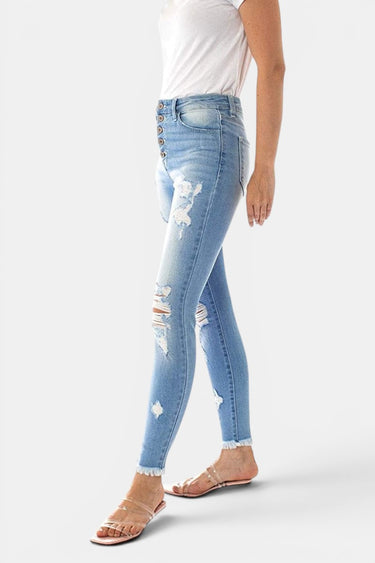 Kancan - Women's High Rise Button Fly Distressed Super Skinny Jeans - kc7310 ST-SaltTree