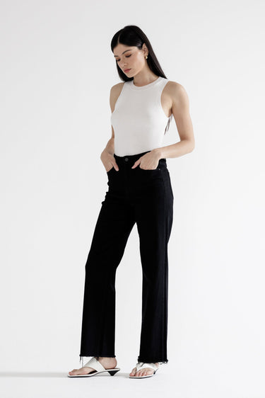 Mica Denim - High-Rise Slim Wide-Leg Jeans with Raw Hem - Black (31" Inseam) - MDP-W3251BK-SaltTree