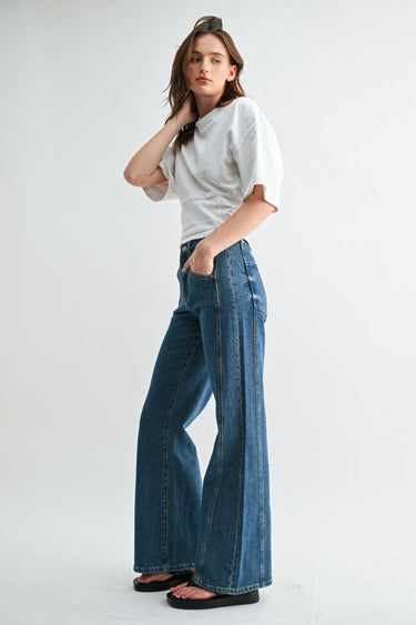 Mica Denim - High-Rise Wide-Leg Side Panel Tummy Tuck Jeans (32" Inseam) - MTT-W3680DK - Final Sale-SaltTree