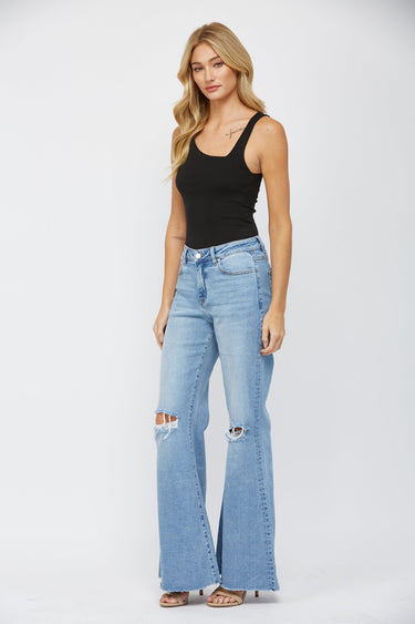 Mica Denim - High Rise Distressed Super Wide Leg Jeans (33" Inseam) - MDP-W3030LT-SaltTree